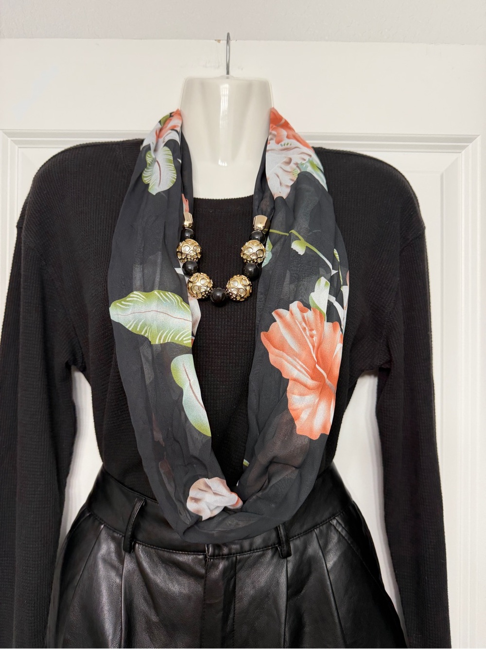 Floral Infinity Scarf with Statement Bead Necklace - Black with Coral Flowers